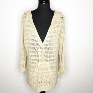 II Sisters tan open crochet knit v neck hooded sweater tunic size M/L